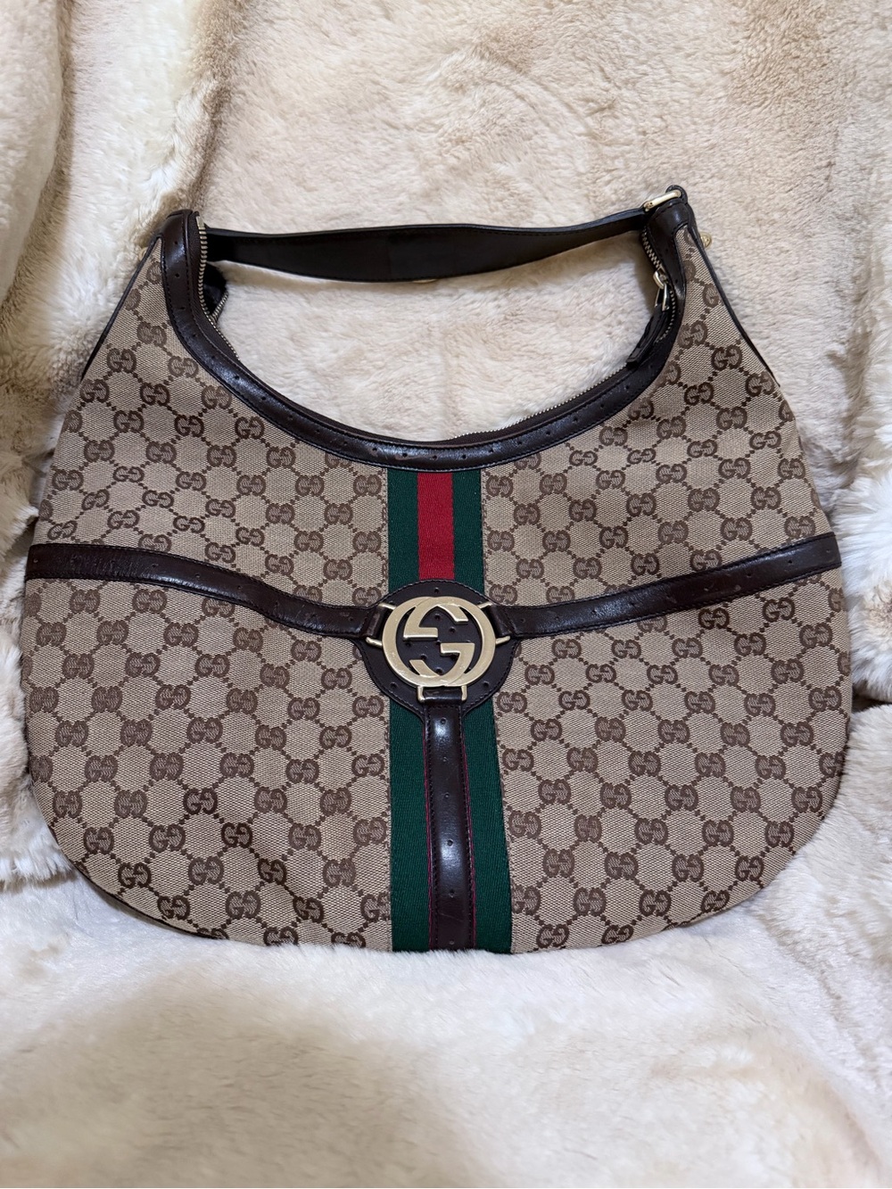 Gucci Beige GG Canvas Hobo with Green and Red Web Stripe